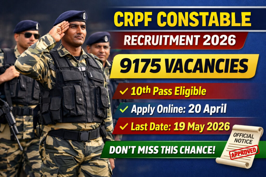 CRPF Constable Recruitment 2026: 9175 Vacancies, Online Form Starts 20 ...